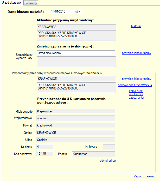 Dane podatkowe - zakładka "Urząd skarbowy". Dane podatkowe - zakładka "Urząd skarbowy".