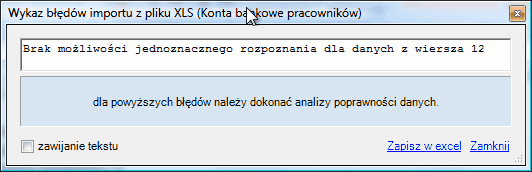Okno info - raport błędów przy imporcie z arkusza Excel.