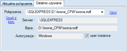 Podokno logowania - ostatnio używane bazy Podokno logowania - ostatnio używane bazy