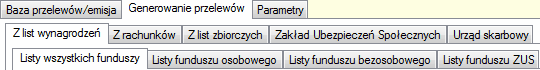 Przelewy. Podzakładki dla "Generowanie przelewów".