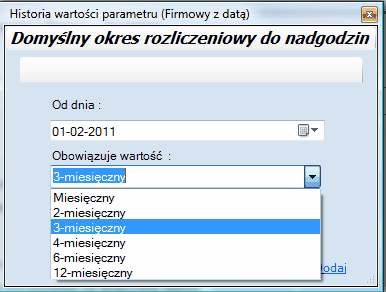 Okno Historii - wybór okresu rozliczeniowego do wyliczania nadgodzin.