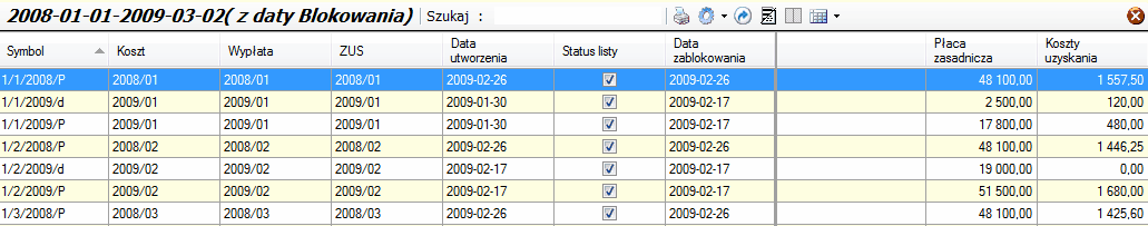 Zestawienia list - okno poziomu II