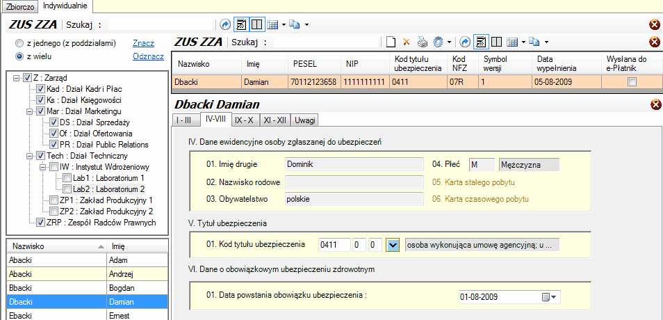 ZUS ZZA - okna dla zakładki "Indywidualnie".